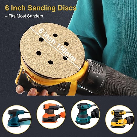 100 PCS 6 Inch 6 Hole Sanding Discs 400 Grit Hook and Loop Adhesive Round Sandpaper for Random Orbital Sander