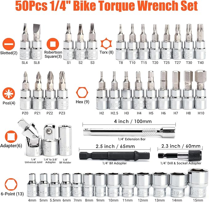 50PCS Inch Pound Torque Wrench Set, 1/4" Drive Bike Torque Wrench, 10-220 in.lb(1-24.7nm) Click Bicycle Torque Wrench 72-Tooth Ratchet with Bit Sockets, Adapters, for MTB, E-Bike, Motorcycle