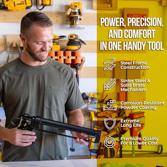AWF PRO Heavy Duty Caulk Gun, 18:1 Thrust Ratio, Steel Frame Construction, Rotating Barrel, Ladder Hook, Puncture Tool & Dripless Pressure Release Tab (Pack of 1, 10 oz Caulking Gun)