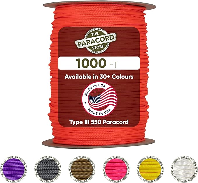 The Paracord Store | Type III 550 Paracord - 1000 FT Spool, Neon Orange | Heavy Duty 7 Strand Tactical Paracord - USA Made Nylon Outdoor Parachute Cord for Camping, Fishing & More - Survival Cord