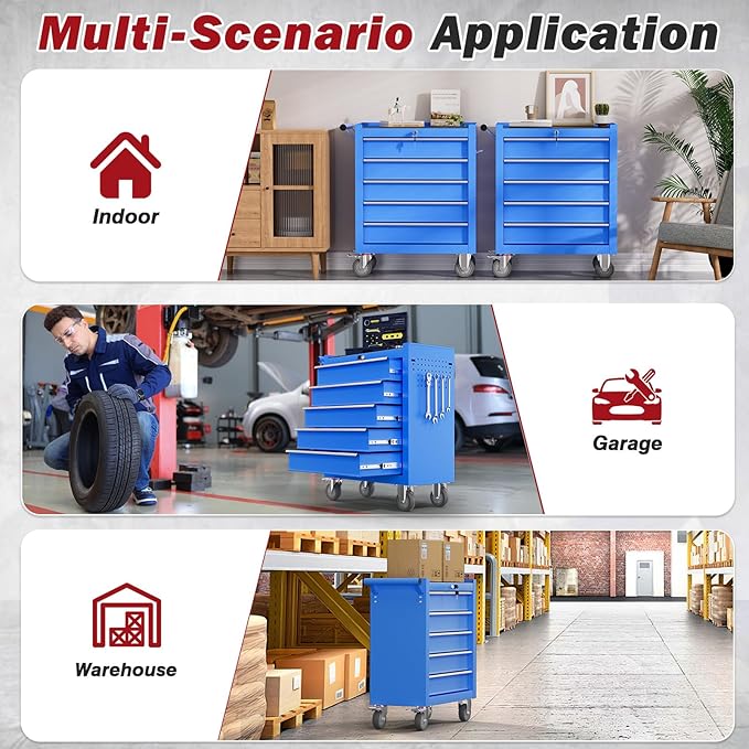 Rolling Tool Chest with Drawers, 5 Drawers Tool Chests & Cabinets, Metal Toolbox with Wheels, Lockable Storage Cabinet, Garage Tool Box with Drawers (Blue, 5 Drawers)