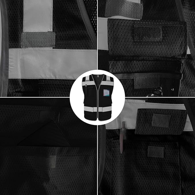 TCCFCCT Mesh Hi Vis Vest 5 Pockets High Visibility Work Vest with Reflective Strips, Meets ANSI/ISEA Standards, Black, M