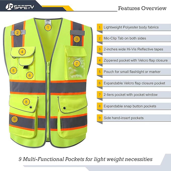 JKSafety 9 Pockets Hi-Vis Neon Yellow Color Zipper Front Safety Vest with Fluorescent Orange Extend Edge outlining the Reflective Tapes Meet ANSI/ISEA Class 2 Standard (901-Yellow, XX-Large)