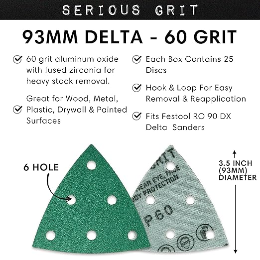 3.5" (93mm) 6-Hole 60 Grit Triangle Sanding Sheets - Fits Festool Rotex RO 90 Delta - Heavy-Duty Hook & Loop Film Disc Abrasives - Sandpaper for Detail Sanders - 25 Pack Box