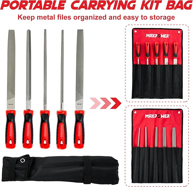 MAXPOWER 10-inch Metal File Set, 5 Pieces Hand Files Including Flat, Round, Half-Round, Triangle and Square, Soft Grip Handle, File Set for Wood, Metal Work and DIY