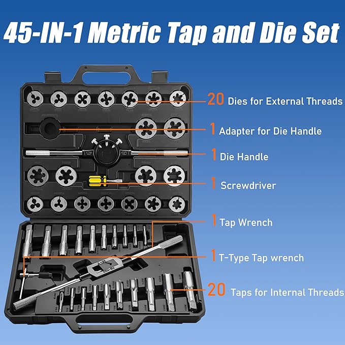 45 pcs Metric Tap and Die Set, Standard Tap Set and Die Tool Set for Threading and Rethreading Internal and External Threads, M6-M25 Thread Repair Kit