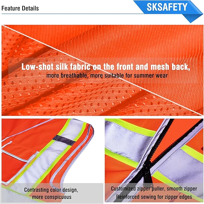 SKSAFETY 10 Pockets Safety Vest, Class 2 High Visibility Security with Zipper Back Mesh, Hi Vis Vest with Reflective Strips, ANSI/ISEA Standard, Construction Work Vest for Men ＆ Women （Orange, 3XL）