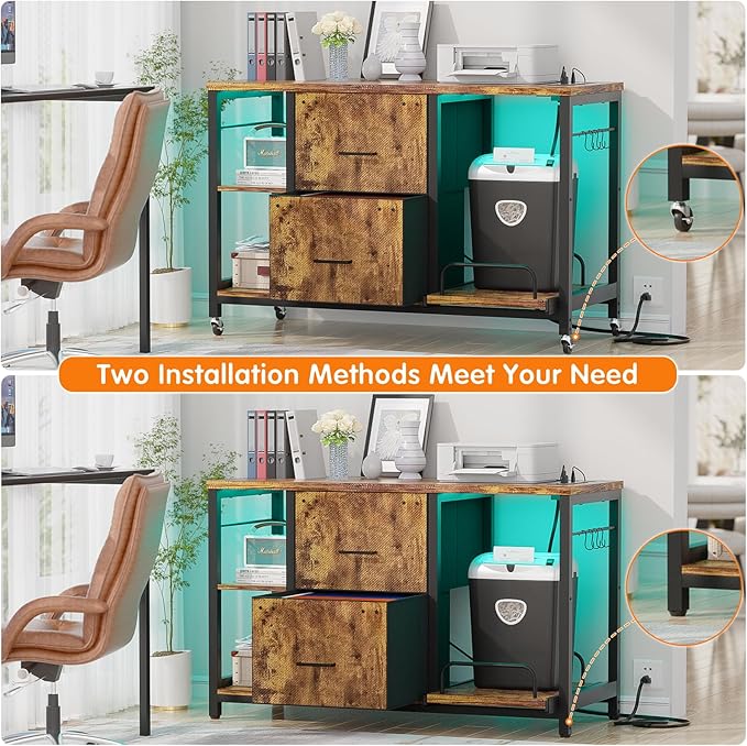 2 Drawer Lateral File Cabinet with Shredder Stand, Rolling Office Filing Cabinets with Outlet and LED Light, Printer Table with Storage, Home Office Cabinet for Letter Legal Size, Rustic