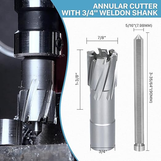 KEENTECH Carbide-Tipped Annular Cutter, 7/8" Diameter x 1-3/8" Depth, 3/4" Weldon Shank (2 Flat), High Speed Cutting TCT Mag Drill Bit with Pilot Pin for Harder Material, Stainless Steel, Cast Iron