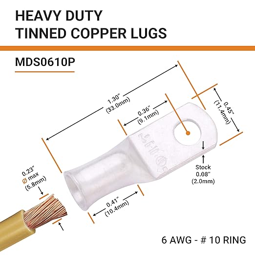 SELTERM 10pcs 6 AWG-#10 Stud Tinned Copper Wire Lugs, Heavy Duty Battery Cable Ends,6 Gauge Ring Terminals, UL Battery Lugs Marine Grade Copper Eyelets Electrical Battery Terminal Connectors