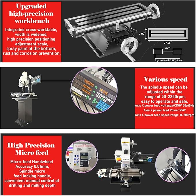 110V Mini Drilling and Milling Machine R8 Spindle Taper, 0.9" Max Drilling Vertical Mill Drill Machine with 50-2250RPM Variable Speed Benchtop Mill/Drill Machine with Supporting Base