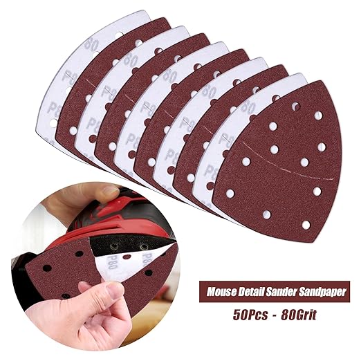 50PCS Mouse Detail Sander Sandpaper 11 Holes 80 Grit Hook and Loop Mouse Sanding Sheets for Mouse Sanders Abrasive Pads for Precision Sanding