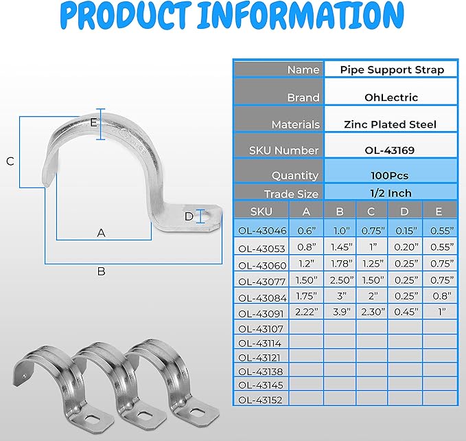 OhLectric 1 Hole 1/2 Inch Pipe Strap - Reinforced Rib for Extra Strength - Zinc-Plated Steel Pipe Strap Clamp for Rigid & IMC Conduit - Snap-On Installation - Pack of 100; OL-43046