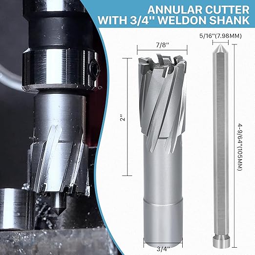 KEENTECH Carbide-Tipped Annular Cutter, 7/8" Diameter x 2" Depth, 3/4" Weldon Shank (2 Flat), High Speed Cutting TCT Mag Drill Bit with Pilot Pin for Harder Material, Stainless Steel, Cast Iron