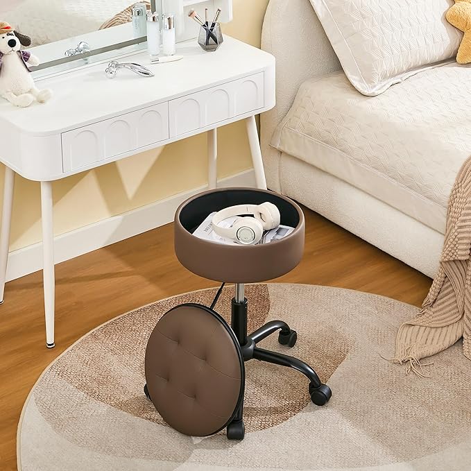 Rolling Salon Stool, Adjustable Tattoo Stool 20.67’’-24.61’’, Coffee Brown Esthetician Swivel Chair