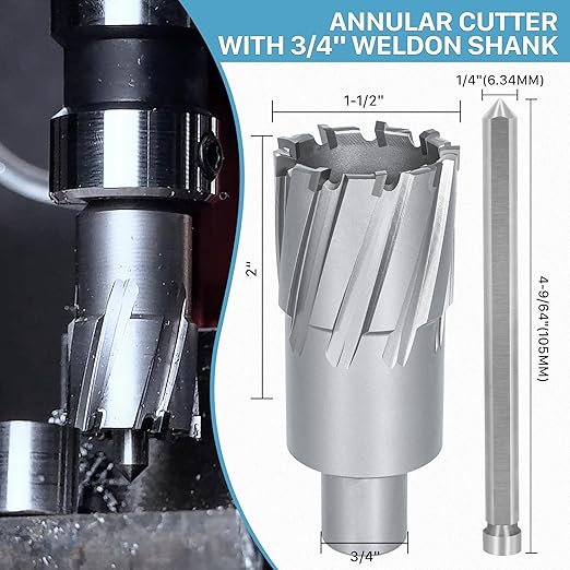 KEENTECH Carbide-Tipped Annular Cutter, 1-1/2" Diameter x 2" Depth, 3/4" Weldon Shank (2 Flat), High Speed Cutting TCT Mag Drill Bit with Pilot Pin for Harder Material, Stainless Steel, Cast Iron