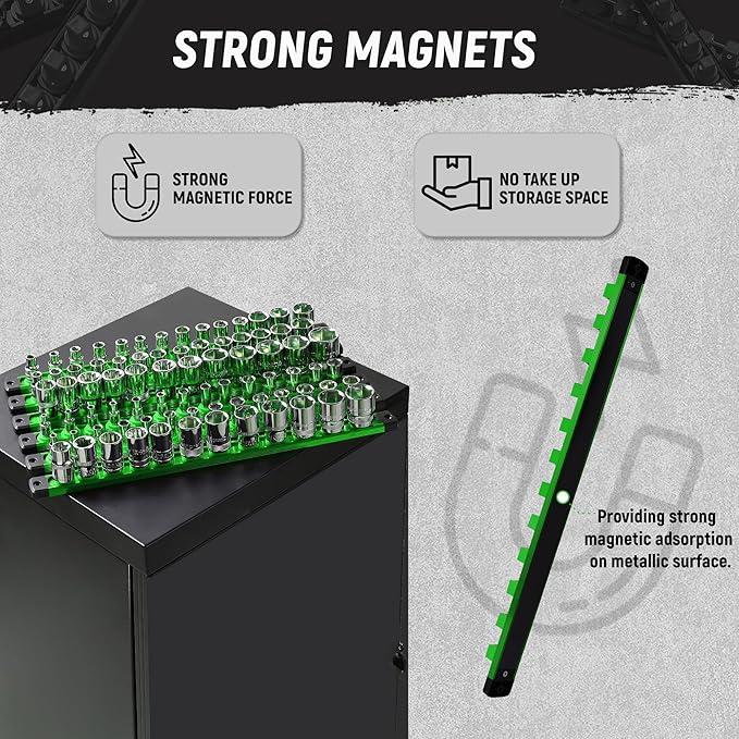 ALOANES Magnetic Socket Organizer, 1/2-Inch Drive Aluminum Socket Holder Socket Tray, Heavy Duty Socket Rail Organizer for Tool Box Drawer, 360°Swivel Clips Socket Rack 1/2-Inch x 12 Clips (Green)
