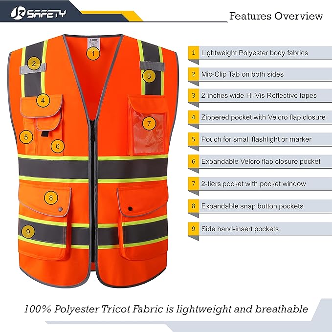 JKSafety 9 Pockets Hi-Vis Neon Orange Color Zipper Front Safety Vest with Fluorescent Yellow Extend Edge outlining the Reflective Tapes Meet ANSI/ISEA Class 2 Standard (901-Orange, 4X-Large)