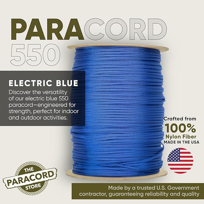 The Paracord Store | Type III 550 Paracord - 250 FT Spool, Electric Blue | Heavy Duty 7 Strand Tactical Paracord - USA Made Nylon Outdoor Parachute Cord for Camping, Fishing & More - Survival Cord