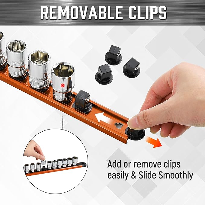 ALOANES 1/2-Inch Drive Magnetic Socket Organizer, Heavy Duty Aluminum Socket Rail Organizer, 360° Swivel Clips Socket Holder Kit for Tool Box, 1/2-Inch Socket Holder x 12 Clips (Orange)