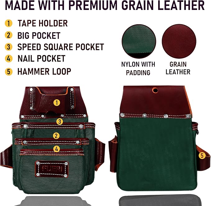 FUERI Tool Belt Men Heavy Duty 26 Pocket Tools Bags Pouches Holder Organizer for Carpenter Construction Electrician Framer Nylon Leather (Maroon & Green Tool Belt Suspender, Extra Large 42" - 48")