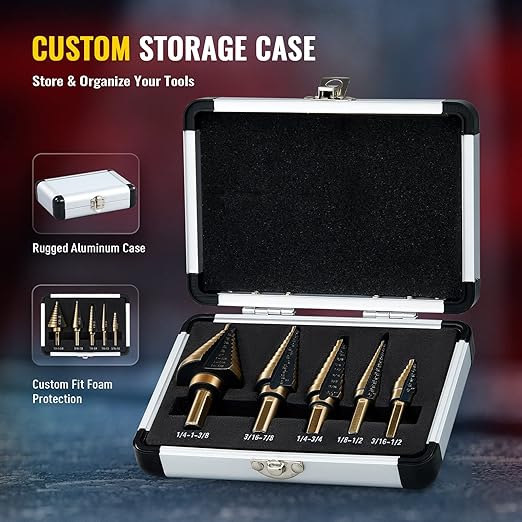 ZELCAN Step Drill Bits, HSS 5PCS Titanium Step Drill Bit Set, 50 Sizes in 5 High Speed Steel Unibit Drill Bits Set for Sheet Metal with Aluminum Case, Multiple Hole Stepped Up Bits for DIY Lovers