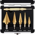 Step Drill Bit Set, 6Pcs HSS Titanium Step Bits with Automatic Center Punch, 50 Sizes Step Drill Bit for Metal, Wood with Aluminum Case