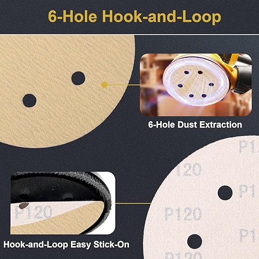 100 PCS 6 Inch 6 Hole Sanding Discs 120 Grit Hook and Loop Adhesive Round Sandpaper for Random Orbital Sander