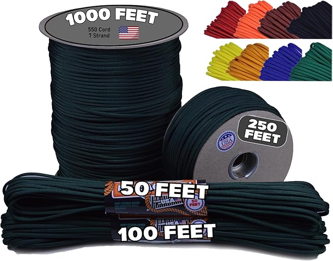 BORED? PARACORD! 550 lb Paracord - Ideal for Crafting, Camping, DIY Projects, Active & Military Outdoors - Strong Survival Rope - Tactical Parachute Cord Type III - Hunter Green 100 Feet