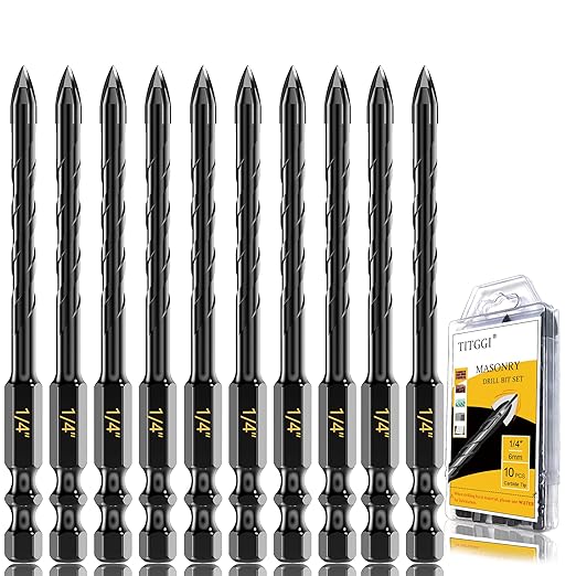 Masonry Drill Bit Set 1/4" (10PCS) - Cement Drill Bit, Professional Concrete Drill Bit Set for Glass/Brick/Cement/Tile/Etc, Industrial Strength Carbide Cross Drill Bit Tip, by TITGGI