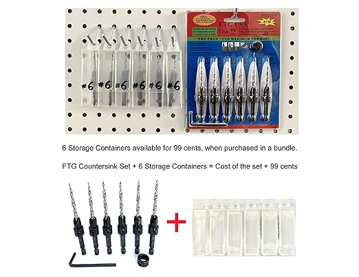 FTG USA 6 Pc #6 (9/64") Countersink Drill Bit Set with Depth Stop Collar, Hex Wrench - Tapered Drill Bits for Wood