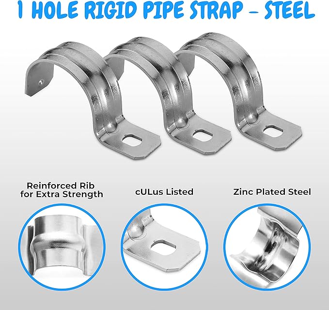 OhLectric 1 Hole 3/4 Inch Pipe Strap - Reinforced Rib for Extra Strength - Zinc-Plated Steel Pipe Strap Clamp for Rigid & IMC Conduit - Snap-On Installation - Pack of 50; OL-43053