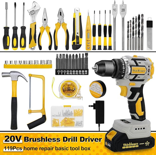 20V Brushless Drill Set, Cordless Power Drill with 2.0Ah Battery,119 PCS Combo Tool Kit for Men, 10mm 3/8" Keyless Chuck, 21+1 Torque Setting Power Tool Set for DIY Garden House Office Repair