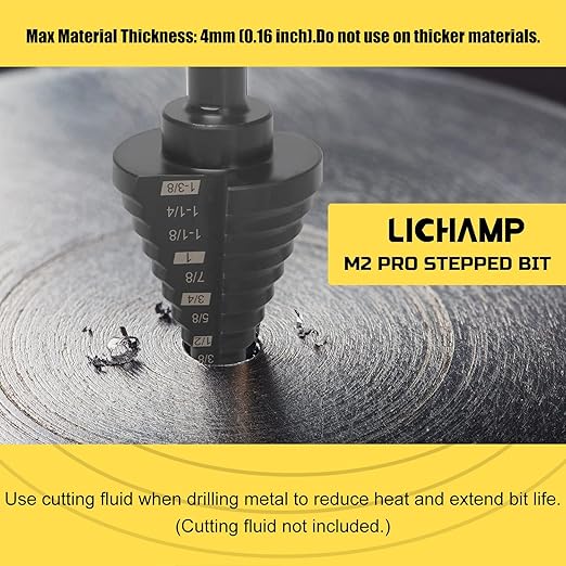 Lichamp Step Drill Bit for Metal Sheet Heavy Duty, Genuine M2 HSS Step Up Down Drill Bit Stepper Unibit for Steel Hole, 10 Sizes from 1/4 to 1-3/8 inches
