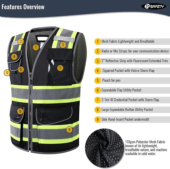 JKSafety 11 Pockets Hi-Vis Black Mesh Safety Vest for Men Women High Visibility Reflective Construction with Zipper Work Utility PPE Work Gear ANSI/ISEA compliant (102-Black XXL)