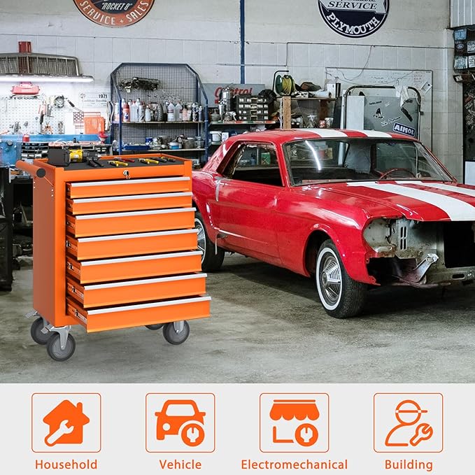 7-Drawer Rolling Tool Chest, Tool Box with 4 Wheels and Drawers, High Capacity Detachable Mobile Tool Storage Cabinet for Garage, Workshop, Mechanics and Repair Room (Orange)