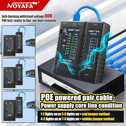 NOYAFA NF-468CS Network Cable Tester Telephone & Continuity Tester Ethernet Cable Mapper for RJ45/RJ11/RJ12/CAT5/CAT6/POE Test UTP/STP Network Test Tool (Black)