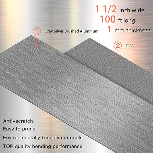 GSCIT Club Grey Silver Edge Banding, 1 1/2 Inch x 100ft Aluminum Brushed Edge Banding PVC Edge Trim for Cabinet Repair Furniture