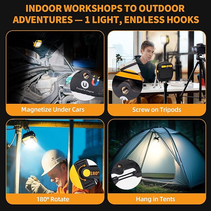 6000mAh Magnetic Work Light Rechargeable with 4000 Lumen IP65 Waterproof, 30H Runtime, 4 Brightness & 4 Color Modes with Red SOS, Strong Magnet Base for Car Repair, Camping, Emergency 1PC