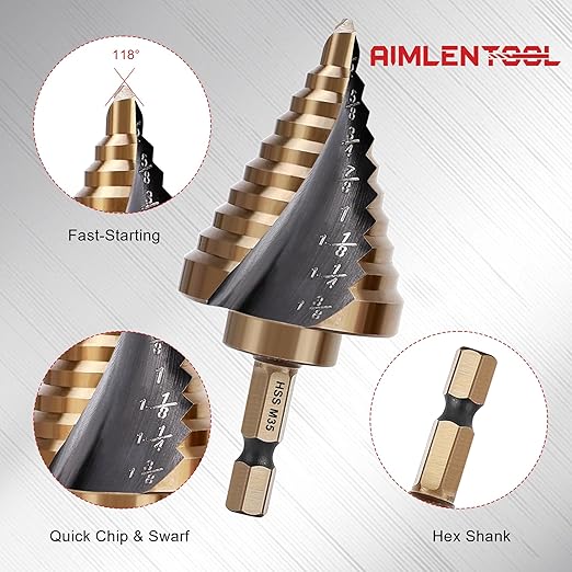 Cobalt Step Drill Bit Set, Hex Shank Step Drill Bit with Automatic Center Punch for Metal, Stainless Steel, Aluminum, Wood, and Plastic, Storage in Aluminum Case for DIY Lovers, 50 Sizes