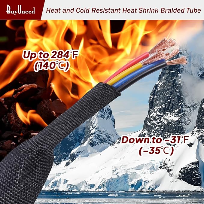2 in 1 Heat Shrink Braided Sleeving 1-1/8 inch Cloth Wiring Harness Loom Abrasion Resistant Sleeve for Protection Cable/Sheath (29mm ID-29ft)
