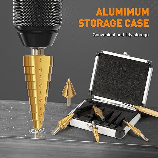 6pcs Step Drill Bit Set, High Speed Steel Unibit Drill Bits 50 Sizes with Automatic Center Punch for Sheet Metal, DIY Lovers with Aluminum Case