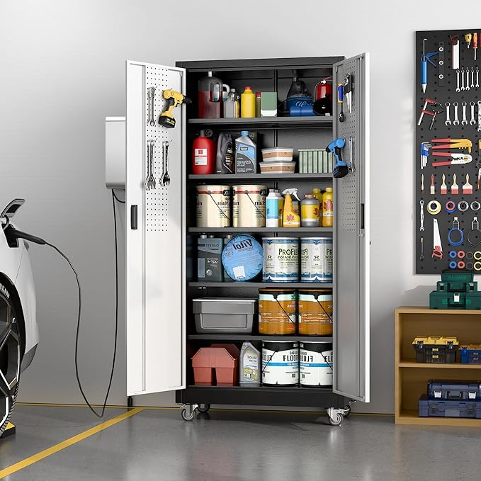 Aobabo Upgrade 71H''*32''W*16''D Metal Garage Storage Cabinet with Wheels and Pegboards, 5 Adjustable Shelves Steel Storage Cabinets for Home,Warehouse,Garage,Assembly Required,Black and Sliver