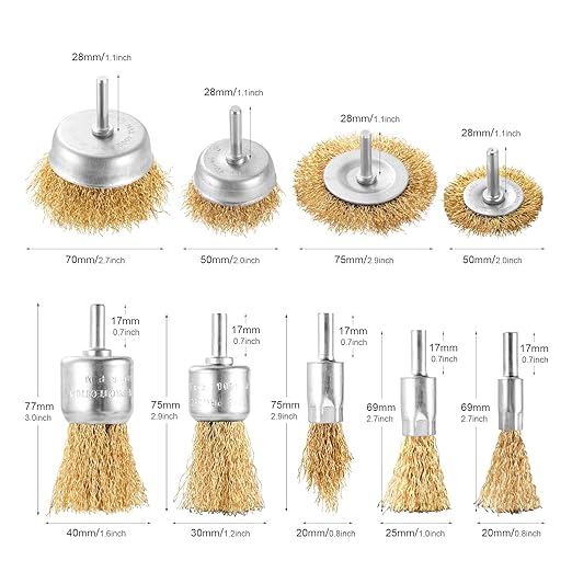 Wire Brush for Drill Set, 9Pcs Cup, Wheel & End Brush Kit with 1/4” Shank, Brass Coated Drill Brush Attachments for Rust Removal, Stripping, and Abrasive