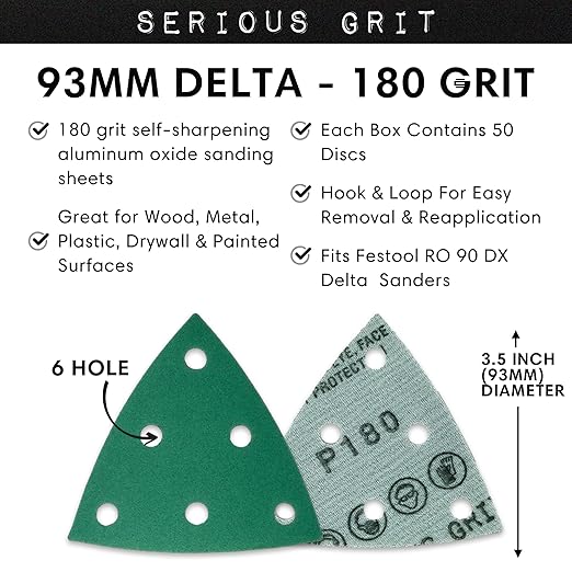 3.5" (93mm) 6-Hole 180 Grit Triangle Sanding Sheets - Fits Festool Rotex RO 90 Delta - Heavy-Duty Hook & Loop Film Disc Abrasives - Sandpaper for Detail Sanders - 50 Pack Box