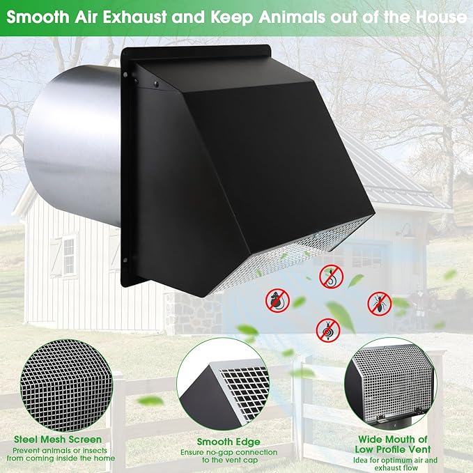 4 Inch Hooded Wall Vent with Screen and Damper,Outdoor Dryer Vent Cover for 4 inch Pipe,Wall Exhaust Vent Cover Cap External Extractor for House Ventilation&Outside Air Exhaust,Galvanized Steel,Black
