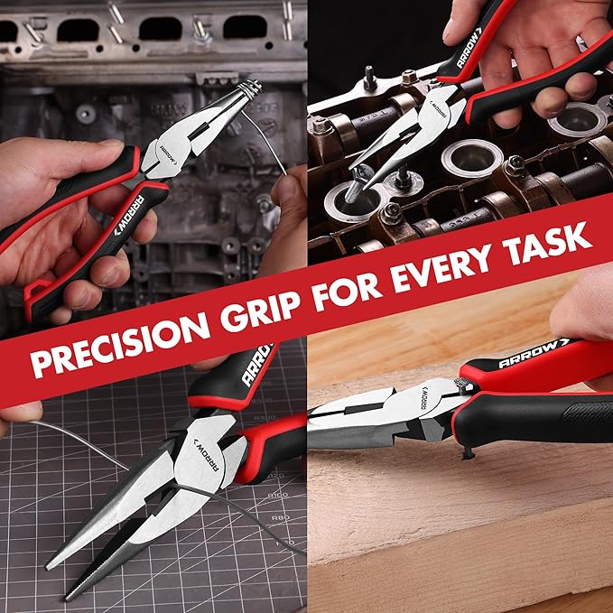 ARROW Needle Nose Pliers, 8-inch Long Nose Cutting Pliers with Wire Cutter, Comfortable TPR Handle, High Carbon Steel, High Leverage Diagonal Design