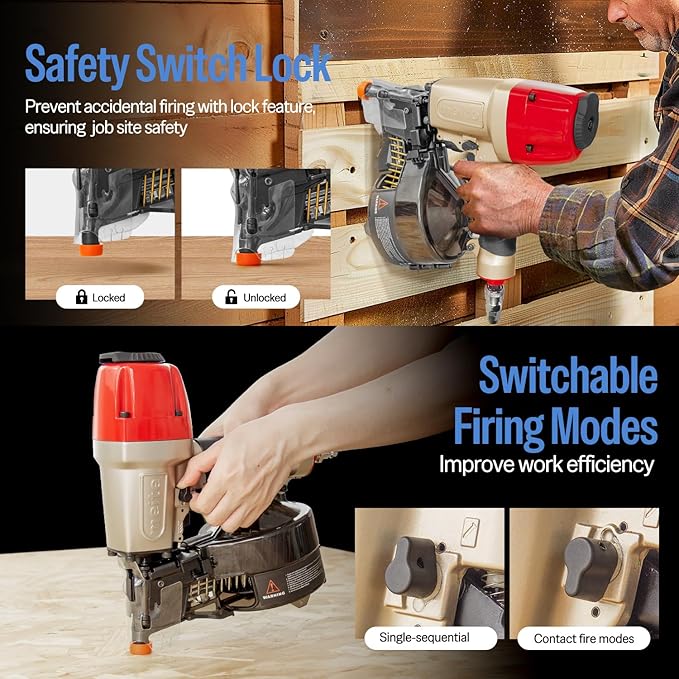 meite Siding Nailer, Pneumatic Siding Nail Gun Lightweight Air Coil Nail Gun with Safety Nose, Nail Depth and 360°Exhaust Adjustable, Compatible with 1-1/2" to 2-1/2" Coil Siding Nails (CN65S)