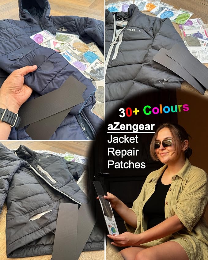 aZengear Repair Patches - Waterproof, Self-Adhesive, Tear-Cold-Heat-Resistant Polyester Fabric to Fix Down Jacket, Puffer, Snowsuit, Shoe, Tent, PVC, Clothing, Upholstery (Black (2 Strips))