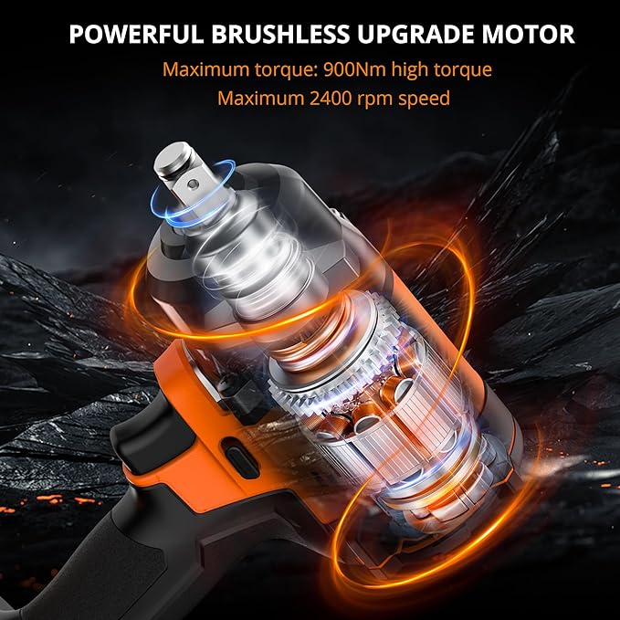 Impact Wrench with 3-Speed Torque Settings (380/600/900N.m),1/2 Impact Gun Chuck & 3/8" Adapter,4Ah Battery & 2.0Ah Fast Charger,Power Tool Kits for Impact Drill,Heavy-Duty Tasks